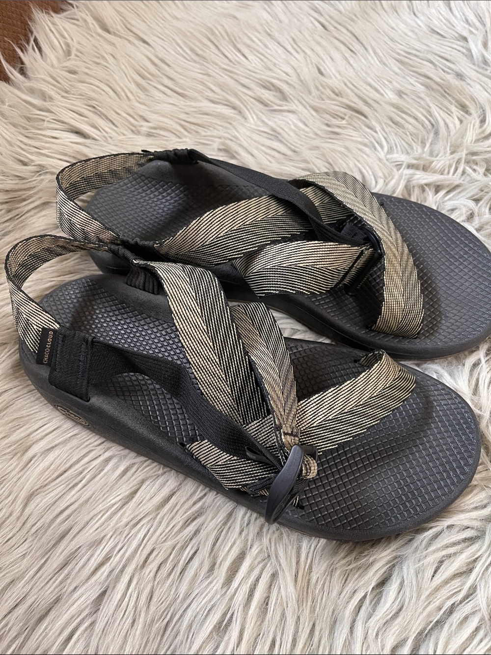 Chaco Black Sandals with Tan-Striped Webbing